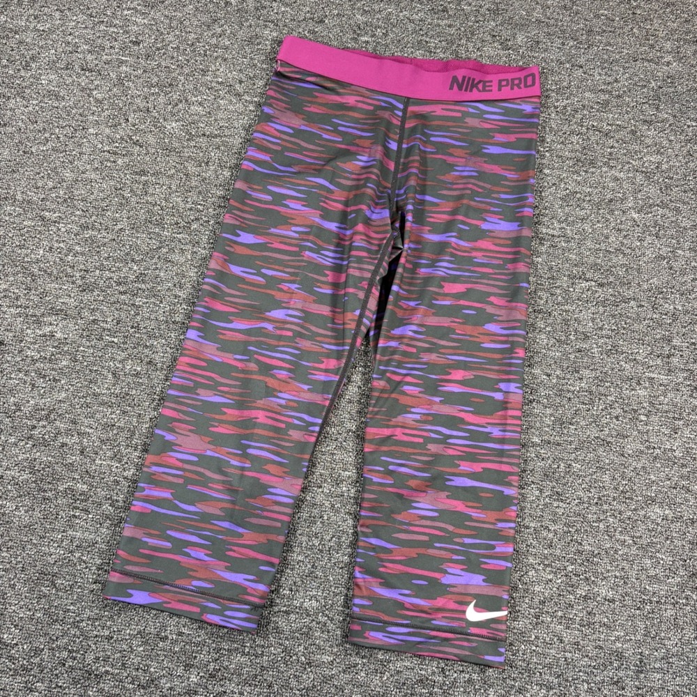 Nike Pro Capri Leggings Womens Small Purple Pink Camo Dri-FIT Athletic Tights